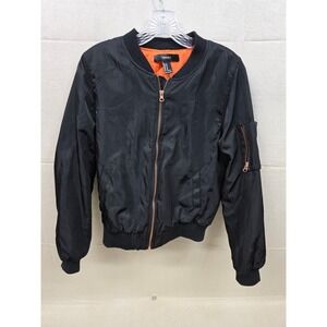 Forever 21 Womens Black Bomber Jacket Tiger Fabulous Embroidery Orange Lining M